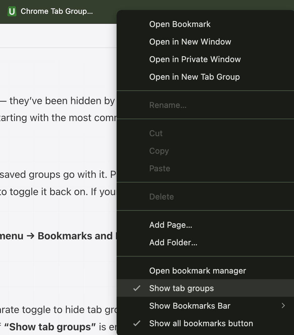 Chrome bookmarks bar right-click menu showing the Show tab groups option