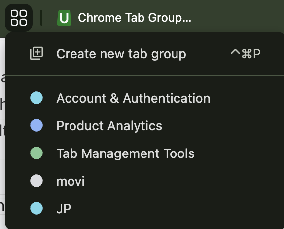 Chrome bookmarks bar overflow dropdown showing saved tab groups that aren't pinned