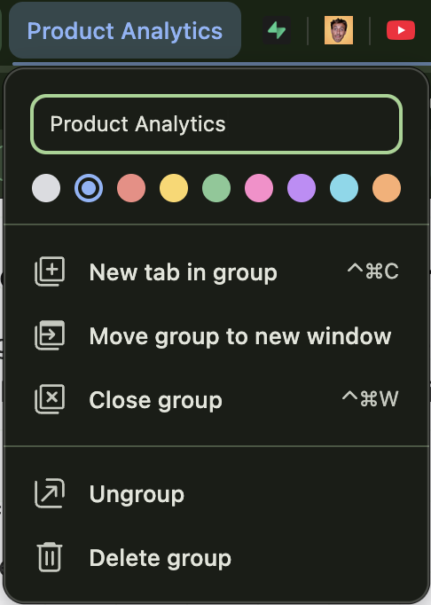 Chrome tab group right-click menu showing Close group, Ungroup, and Delete group options